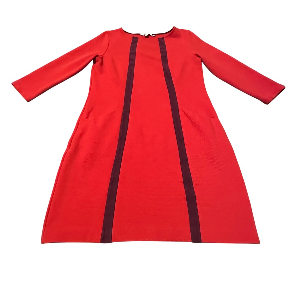 Boden Red Ribbed Knit A Line Dress with Dark Purple Accents UK 12L US 8